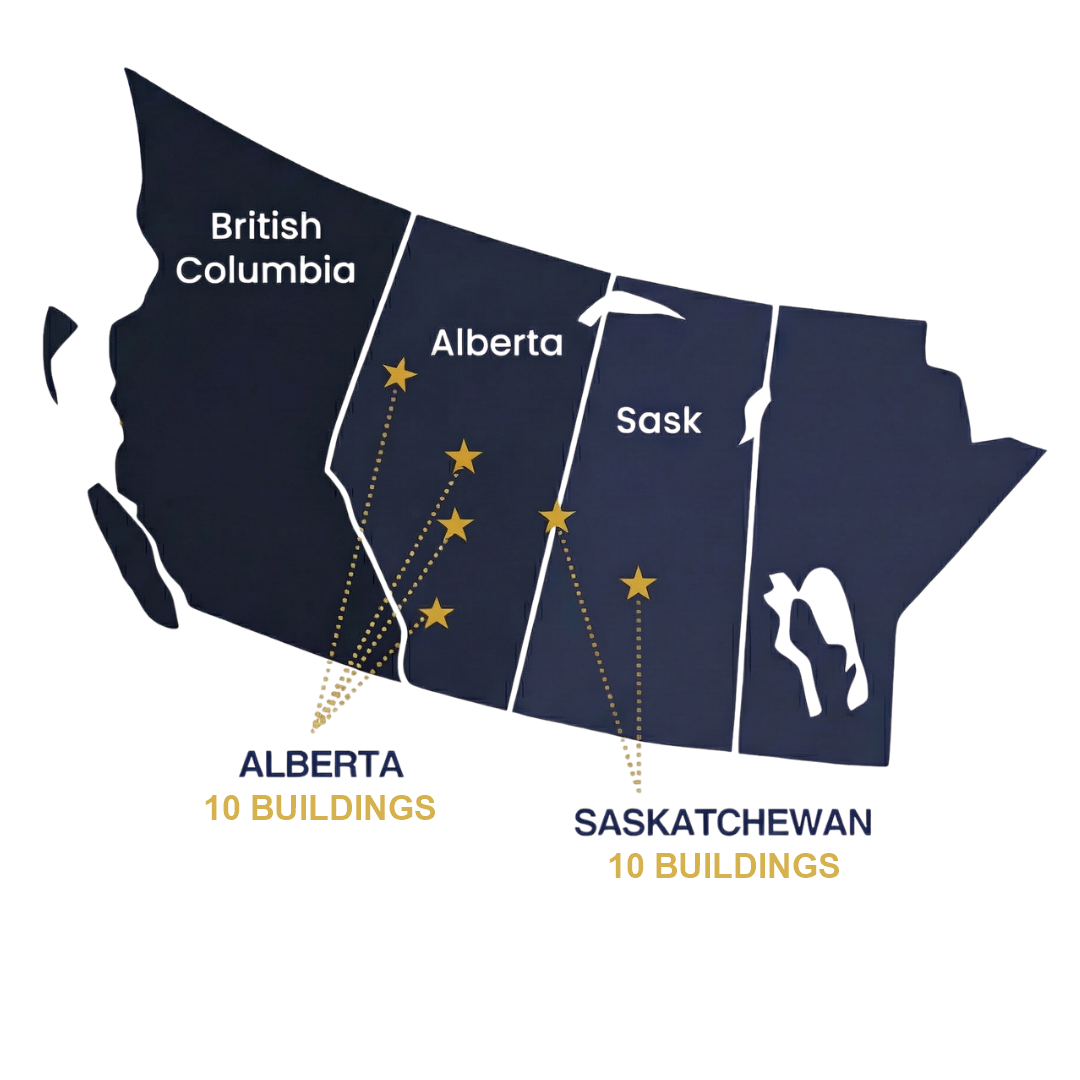 InvestPlus Industrial REIT Western Canada Portfolio Map — Alberta 9 Buildings, Saskatchewan 11 Buildings